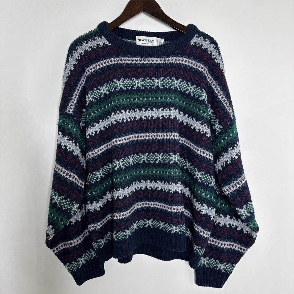 Vintage New Era Fair‎ Isle Knit Sweater Mens XL Made in USA Navy Green Burgundy